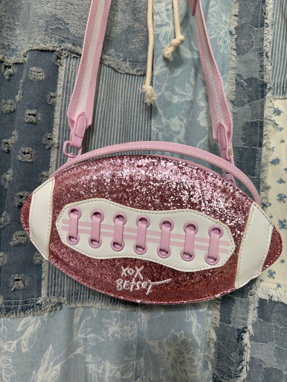 Betsey Johnson Pink Glitter Football Crossbody Bag with White Accents